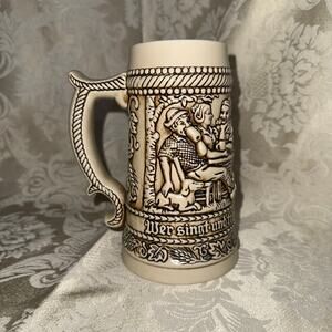 Vintage German Beer Stein Mug Relief Tavern Scene WF Rottenbach 6.5”